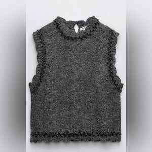 New Zara beaded cable black gray vest holiday M L